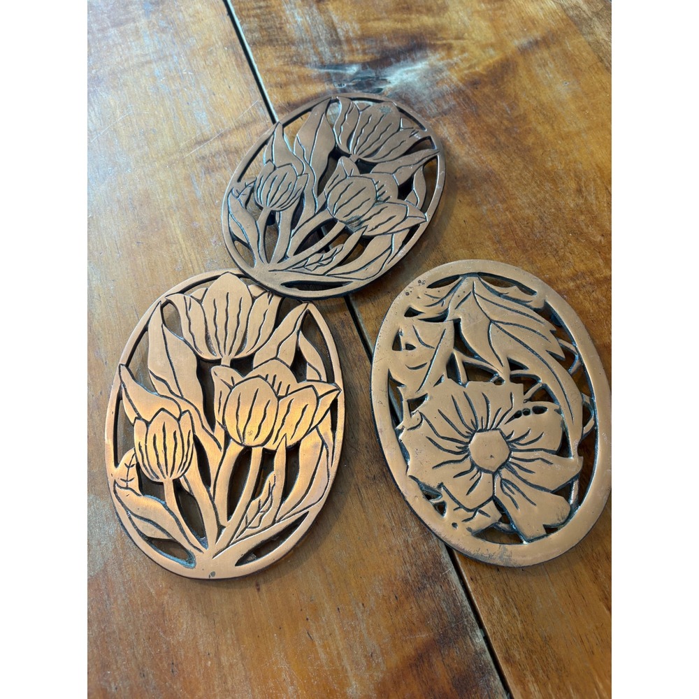 Vintage Copper Trivet Set Progressive Floral Wall Decor Cottagecore